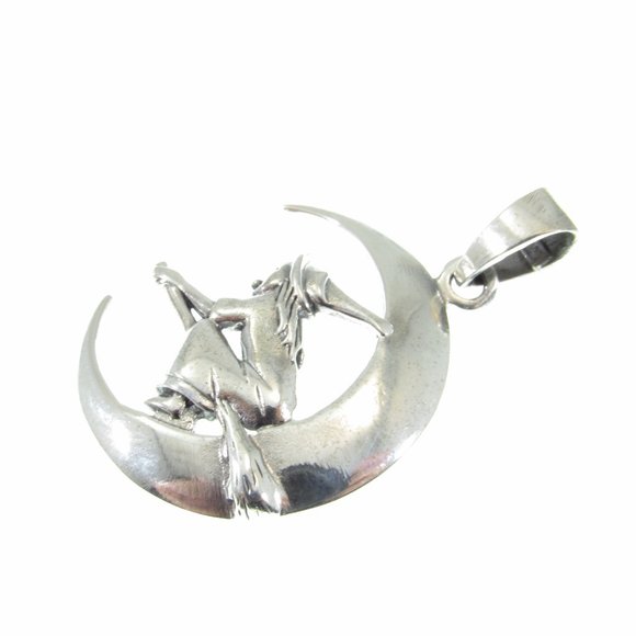 Solid 925 Sterling Silver Crescent Moon Witch Flying on Broomstick Pendant - Picture 8 of 10